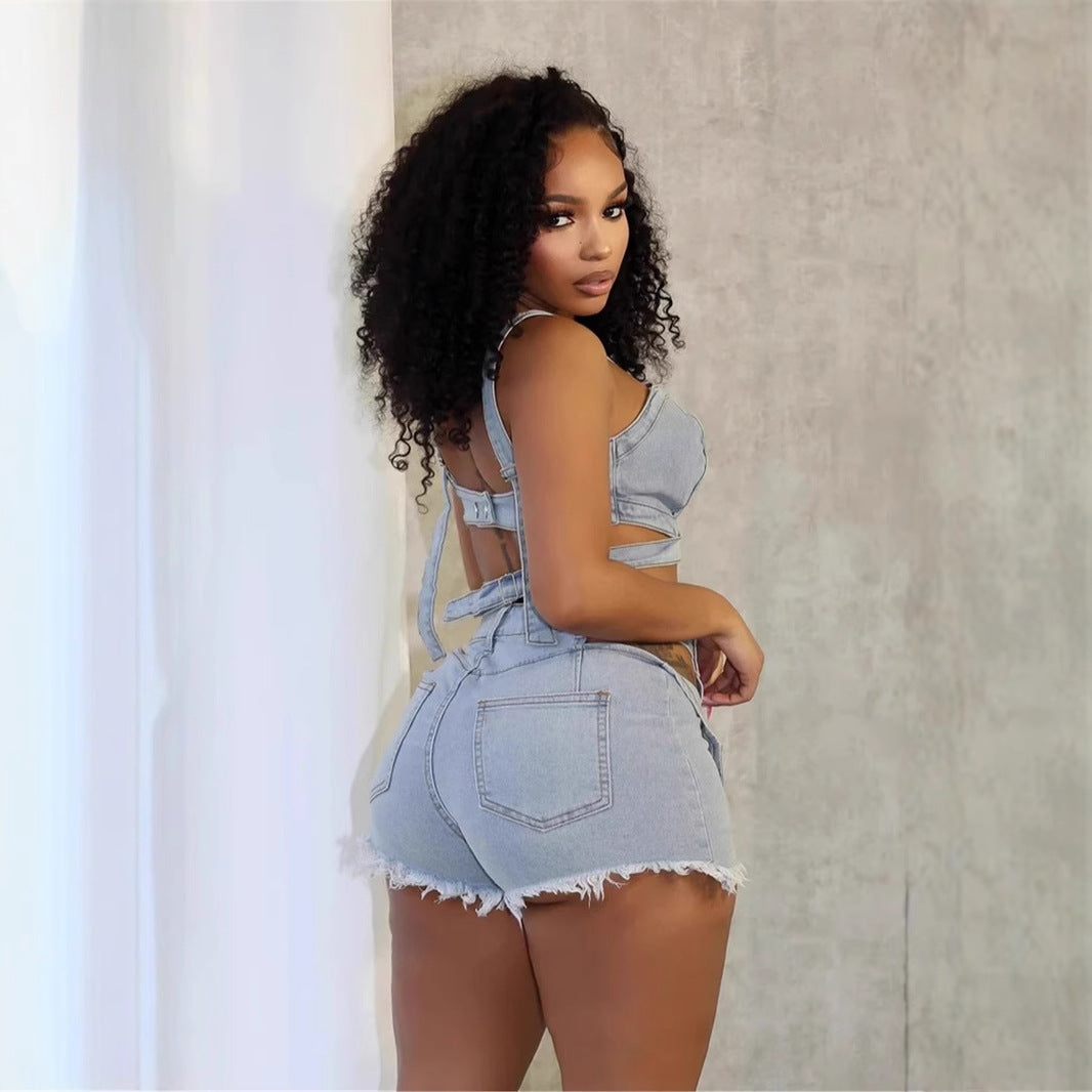 Washed Denim Criss-Cross Vest & Cutout Shorts Set – Streetwear Chic