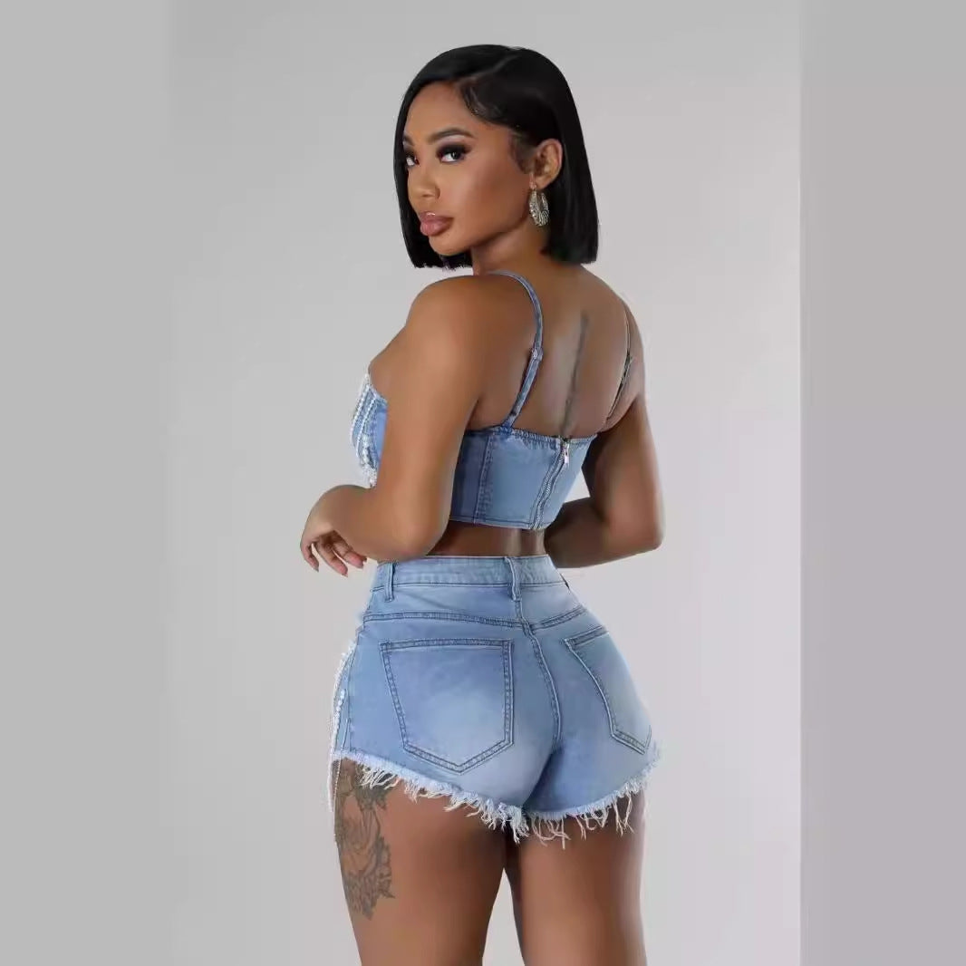 Glam Pearl Chain Denim Set – Beaded Bustier Top & High-Waist Fringe Shorts