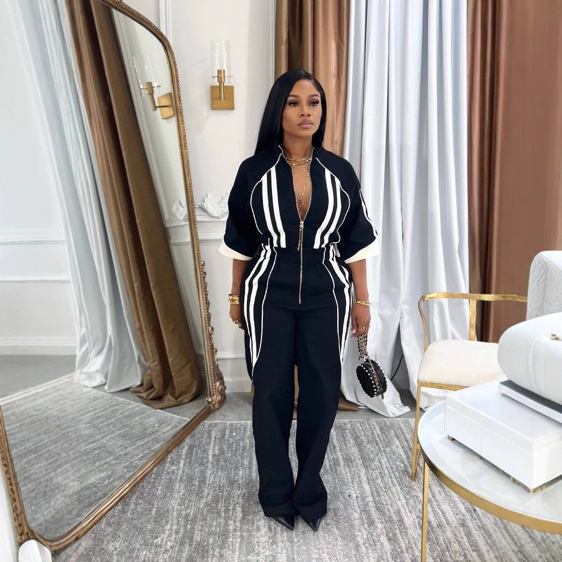 Bold Striped Zip-Up Jumpsuit with Stand Collar & Cinched Waist