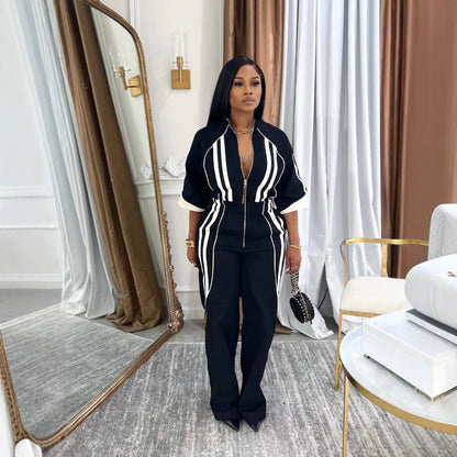 Bold Striped Zip-Up Jumpsuit with Stand Collar & Cinched Waist