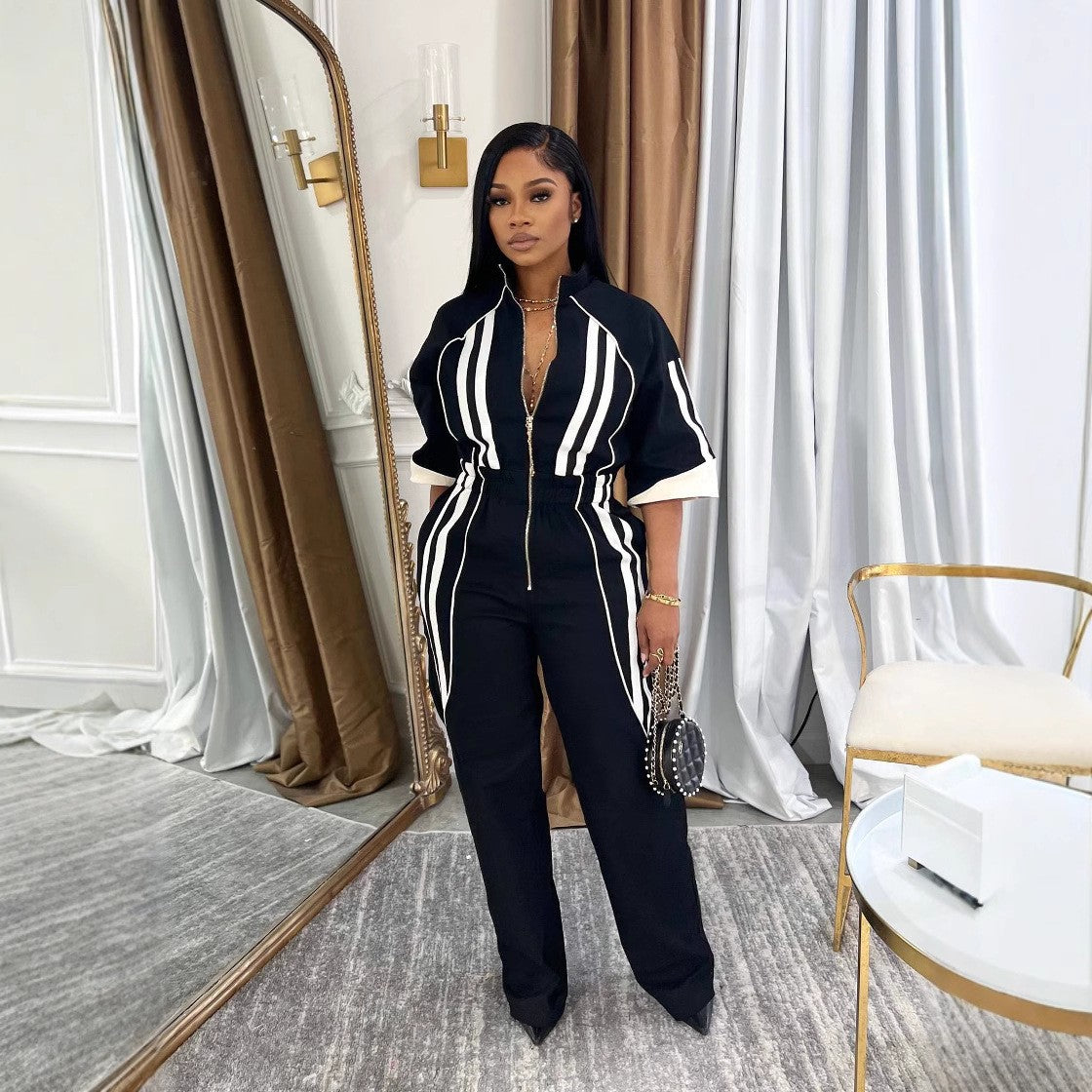 Bold Striped Zip-Up Jumpsuit with Stand Collar & Cinched Waist