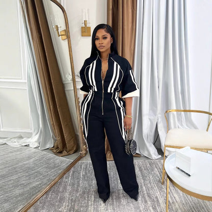 Bold Striped Zip-Up Jumpsuit with Stand Collar & Cinched Waist