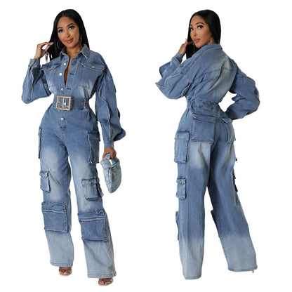 👖 Washed Multi-Pocket Wide-Leg Denim Jumpsuit – Street Style Utility Overalls