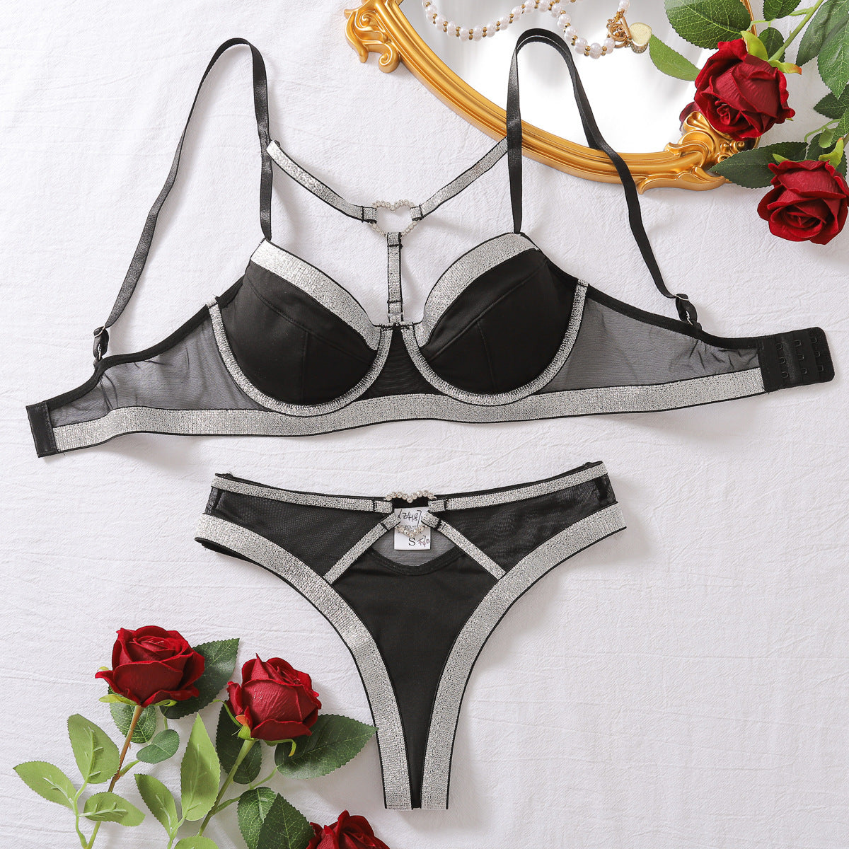 Midnight Allure Luxury Mesh Lace-Up Lingerie Set – Black & Silver Two-Piece