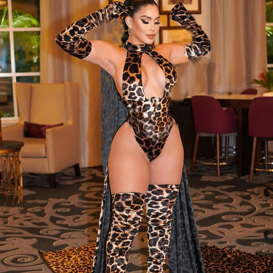 Wild Seduction Leopard Bodysuit Set – Fierce Fashion with Gloves & Leggings
