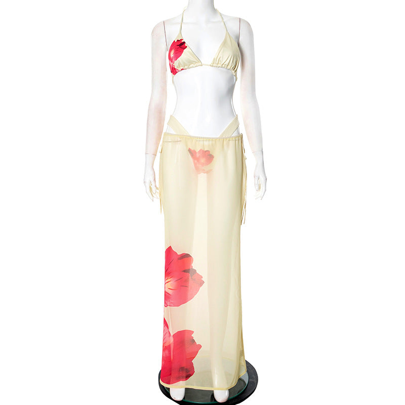 Women's Sexy Summer Three-Piece Set – Printed Lace-Up Crop Top, Skirt & Cover-Up