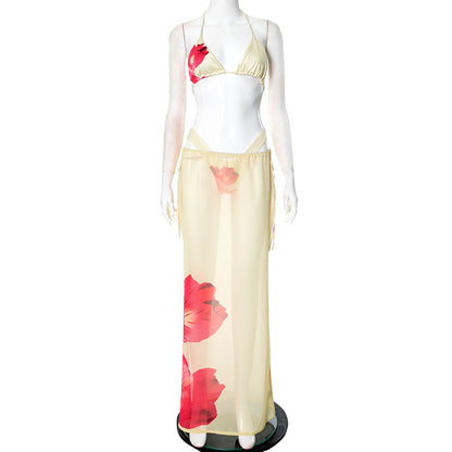 Women's Sexy Summer Three-Piece Set – Printed Lace-Up Crop Top, Skirt & Cover-Up