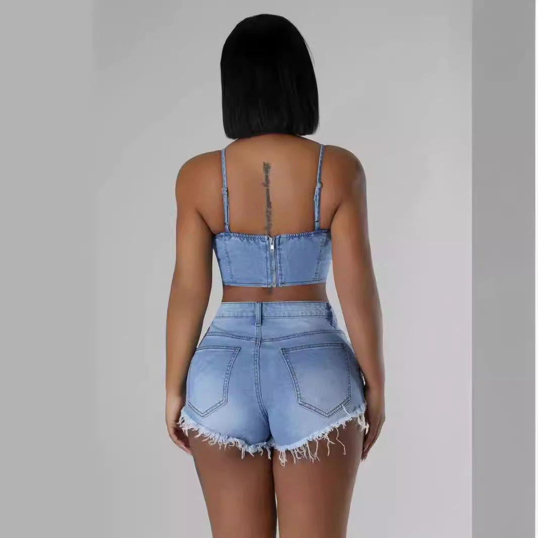 Glam Pearl Chain Denim Set – Beaded Bustier Top & High-Waist Fringe Shorts