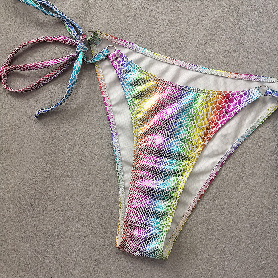 Gradient Snakeskin Print Triangle Bikini Set – Bronzed Patent Look, Quick-Dry Fabric