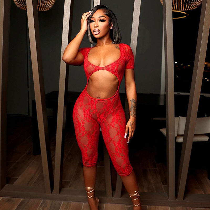 Women's Sexy Lace Stitch U-Neck Cropped Hollow Jumpsuit Shorts – Street Hipster Style