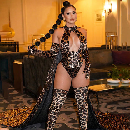 Wild Seduction Leopard Bodysuit Set – Fierce Fashion with Gloves & Leggings