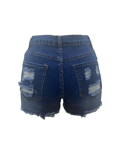 High Elastic Ripped Denim Shorts – Stretch Fit & Raw Edge Style