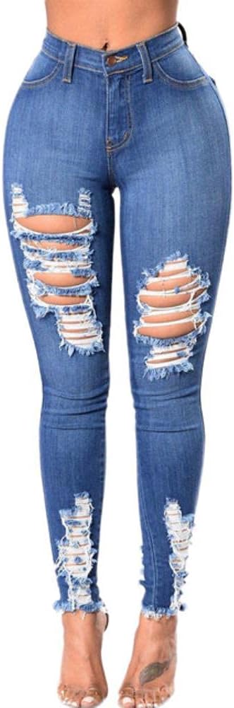 👖 High Waist Ripped Denim Skinny Jeans for Women – Stretch Fit, Blue Wash