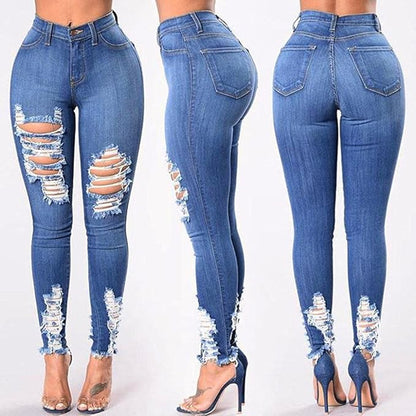 👖 High Waist Ripped Denim Skinny Jeans for Women – Stretch Fit, Blue Wash