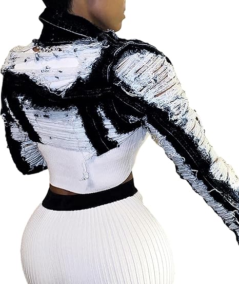 Street Style Cut-Out Crop Denim Jacket – Bold & Distressed