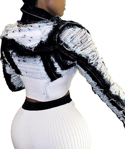 Street Style Cut-Out Crop Denim Jacket – Bold & Distressed