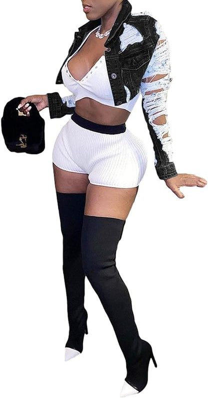 Street Style Cut-Out Crop Denim Jacket – Bold & Distressed