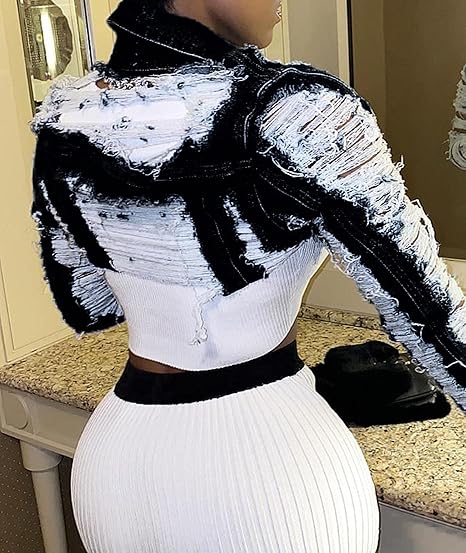 Street Style Cut-Out Crop Denim Jacket – Bold & Distressed