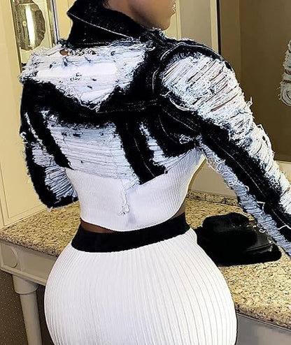 Street Style Cut-Out Crop Denim Jacket – Bold & Distressed