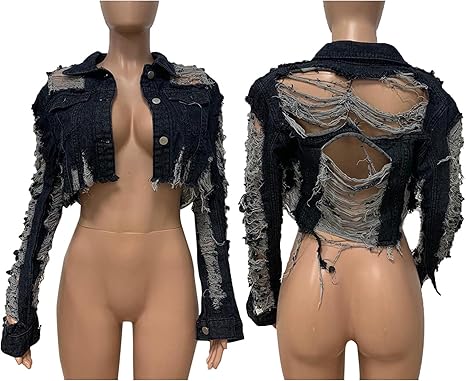Street Style Cut-Out Crop Denim Jacket – Bold & Distressed