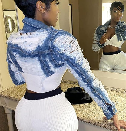 Street Style Cut-Out Crop Denim Jacket – Bold & Distressed