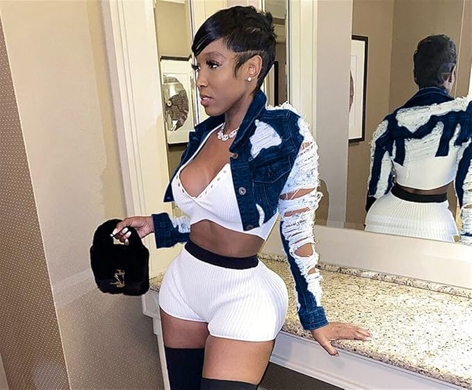 Street Style Cut-Out Crop Denim Jacket – Bold & Distressed