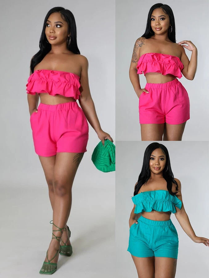 Flirty Ruffle Bandeau & Elastic Waist Shorts Set – Hot Pink Summer Co-Ord