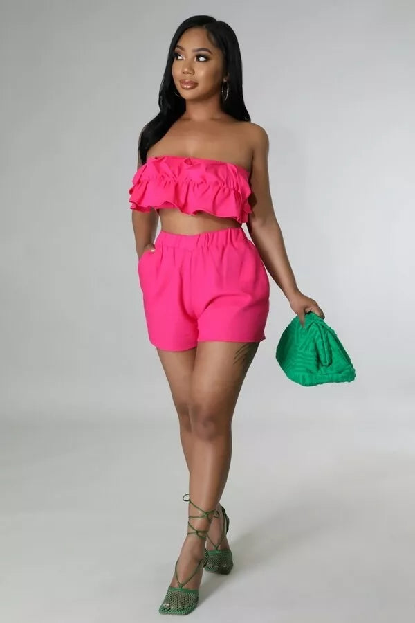 Flirty Ruffle Bandeau & Elastic Waist Shorts Set – Hot Pink Summer Co-Ord