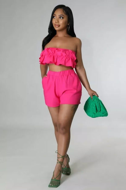 Flirty Ruffle Bandeau & Elastic Waist Shorts Set – Hot Pink Summer Co-Ord