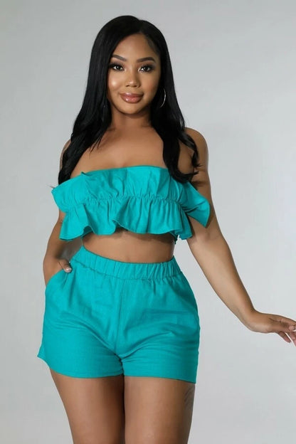 Flirty Ruffle Bandeau & Elastic Waist Shorts Set – Hot Pink Summer Co-Ord