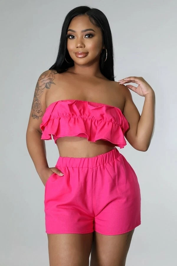 Flirty Ruffle Bandeau & Elastic Waist Shorts Set – Hot Pink Summer Co-Ord