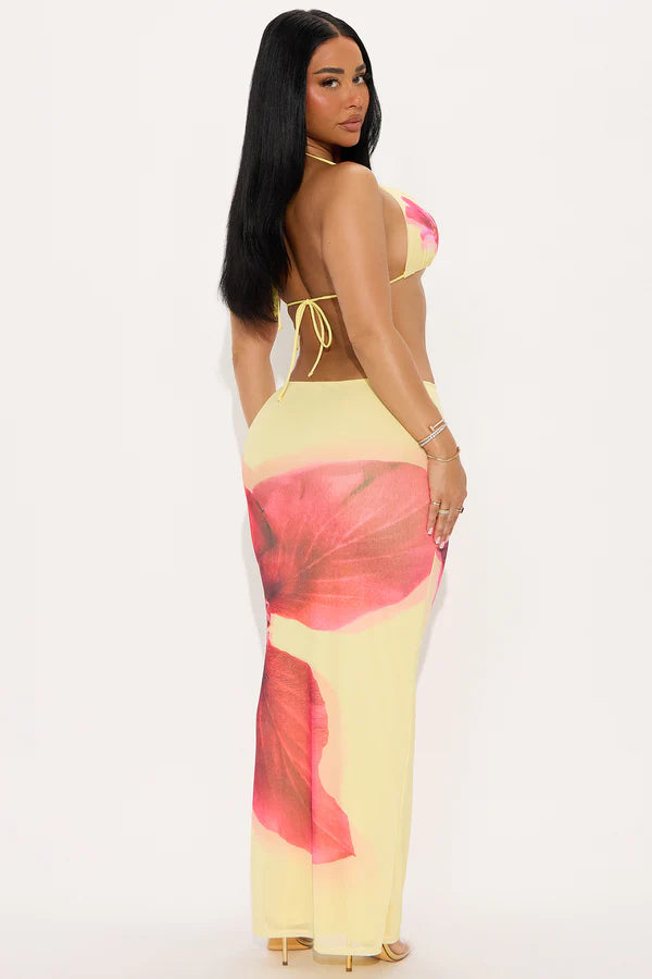 Women's Sexy Summer Three-Piece Set – Printed Lace-Up Crop Top, Skirt & Cover-Up