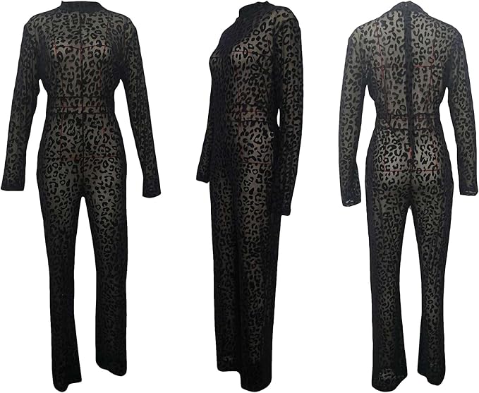 Women's Sexy Leopard Flocked Sheer Mesh Jumpsuit with Zipper
