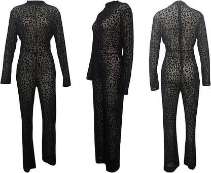 Women's Sexy Leopard Flocked Sheer Mesh Jumpsuit with Zipper