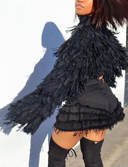 👖 Layered Fray Edge High-Waist Denim Shorts – Street Chic Statement