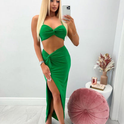 Ladies Pleated 2-Piece Halter Crop Top & Slit Maxi Skirt Set