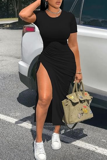 Women's Drawstring Side-Slit Bodycon Maxi Dress – Solid Color Short Sleeve