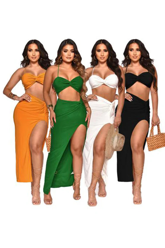 Ladies Pleated 2-Piece Halter Crop Top & Slit Maxi Skirt Set