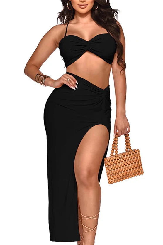 Ladies Pleated 2-Piece Halter Crop Top & Slit Maxi Skirt Set