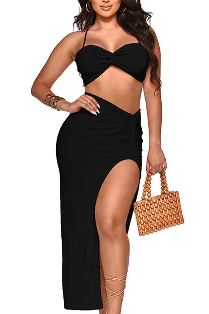 Ladies Pleated 2-Piece Halter Crop Top & Slit Maxi Skirt Set