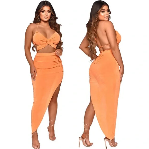 Ladies Pleated 2-Piece Halter Crop Top & Slit Maxi Skirt Set