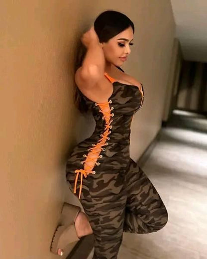 🔥 Women's Camouflage Lace-Up Bodycon Jumpsuit – Contrast Strap Detail, Sleeveless Zip-Up Design