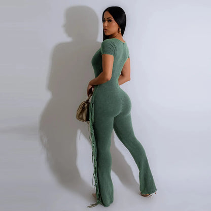 Fringe Fever Slim-Fit Tassel Jumpsuit – Curve Hugging Statement One-Piece