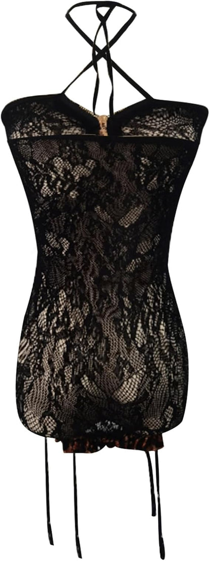 Temptation Leopard Lace Zip-Up Lingerie Set – One Size