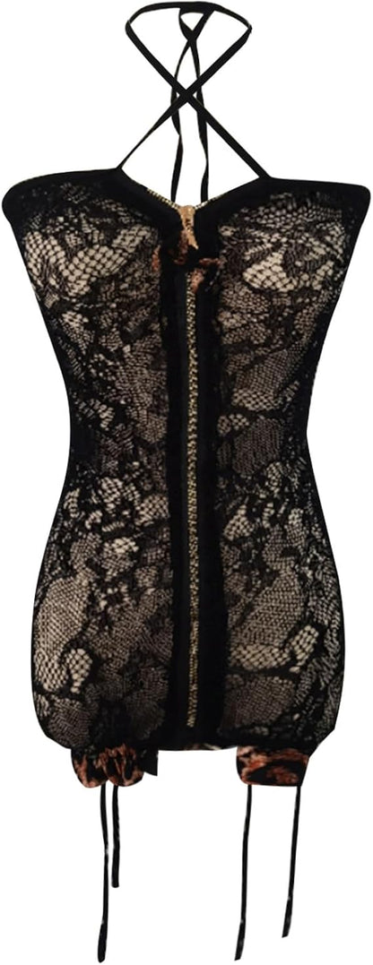 Temptation Leopard Lace Zip-Up Lingerie Set – One Size