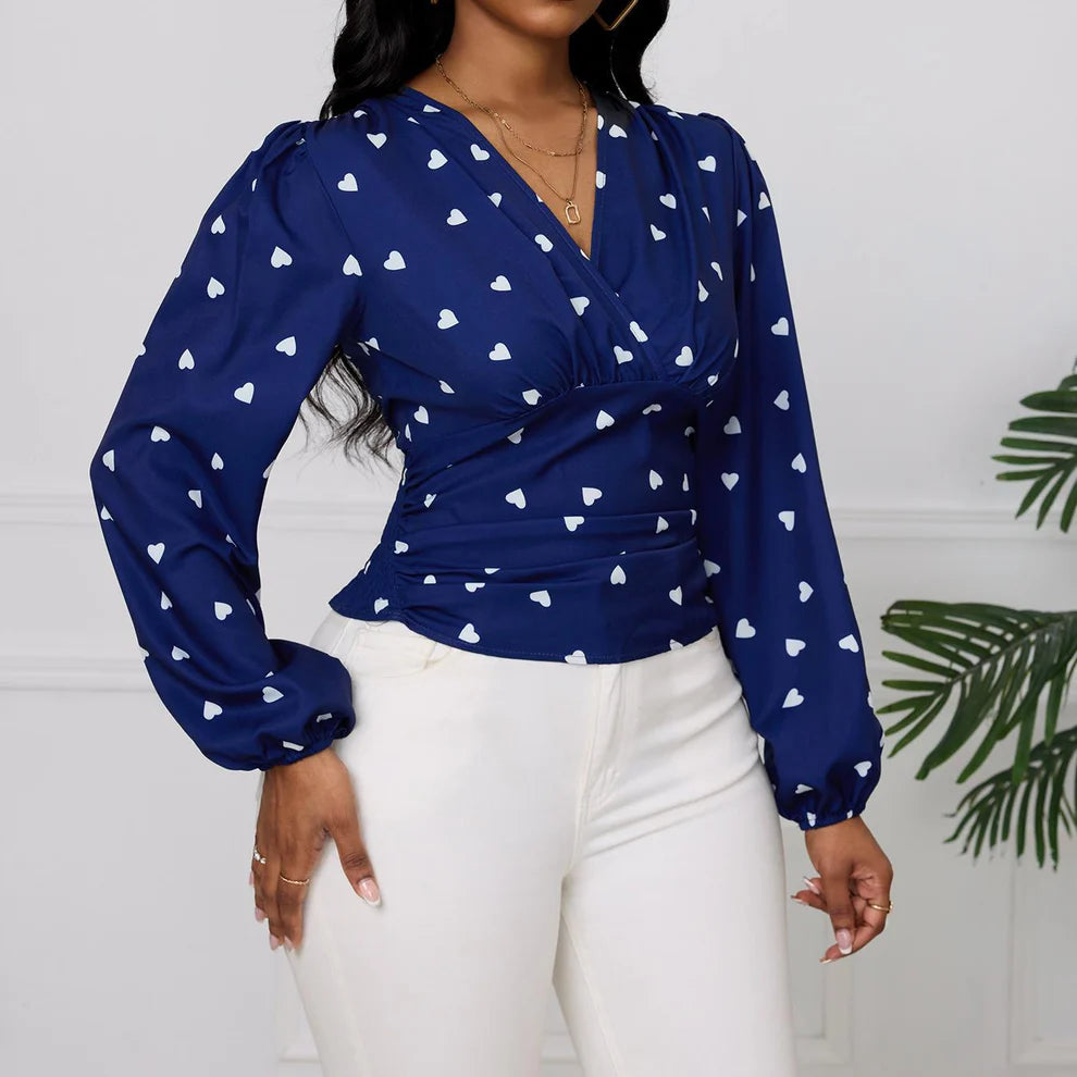 Navy Heart Print V-Neck Ruched Long Sleeve Blouse