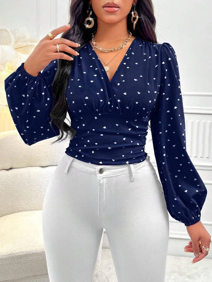 Navy Heart Print V-Neck Ruched Long Sleeve Blouse