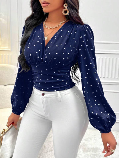 Navy Heart Print V-Neck Ruched Long Sleeve Blouse