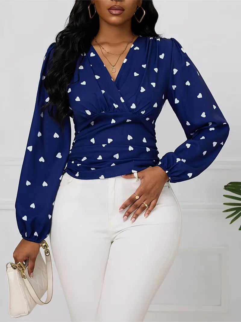 Navy Heart Print V-Neck Ruched Long Sleeve Blouse