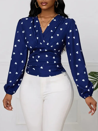 Navy Heart Print V-Neck Ruched Long Sleeve Blouse